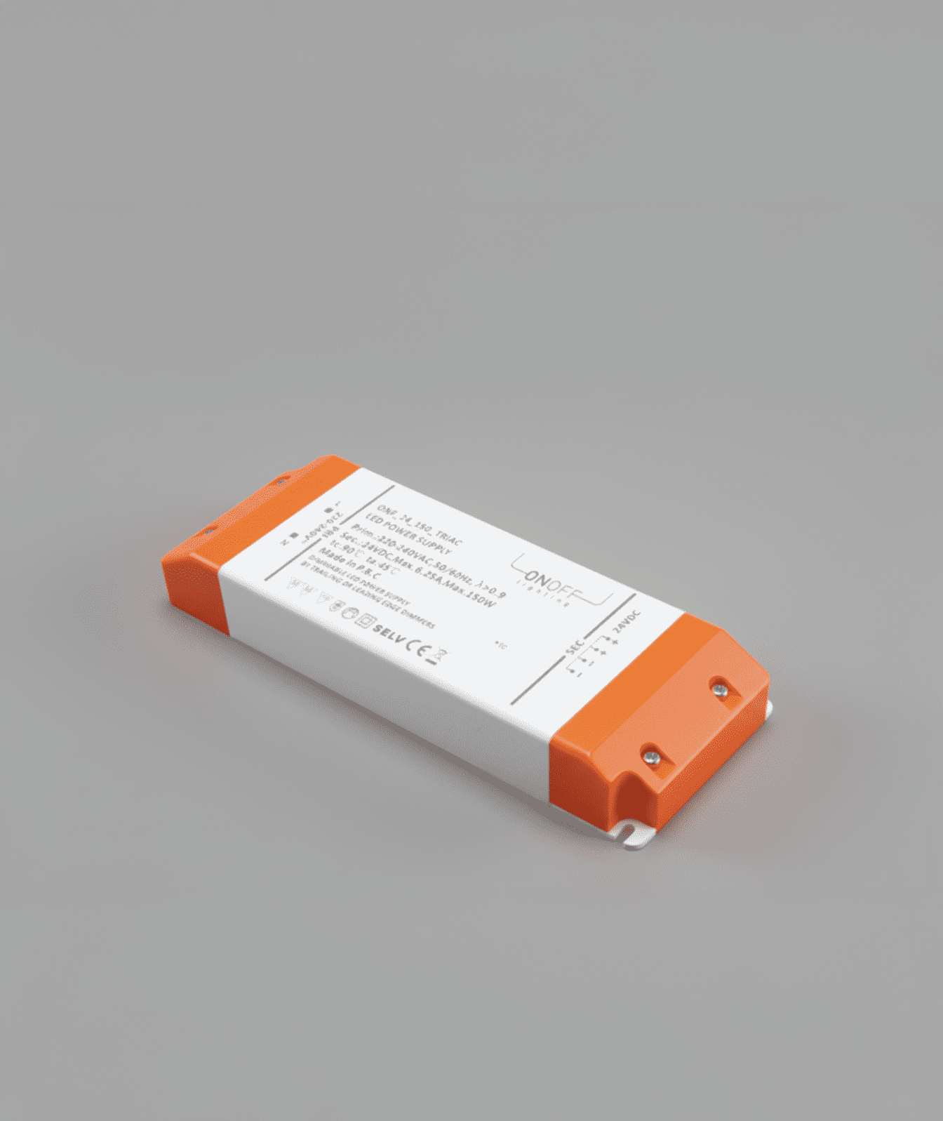 Driver LED rectangulaire blanc et orange avec bornes de connexion.